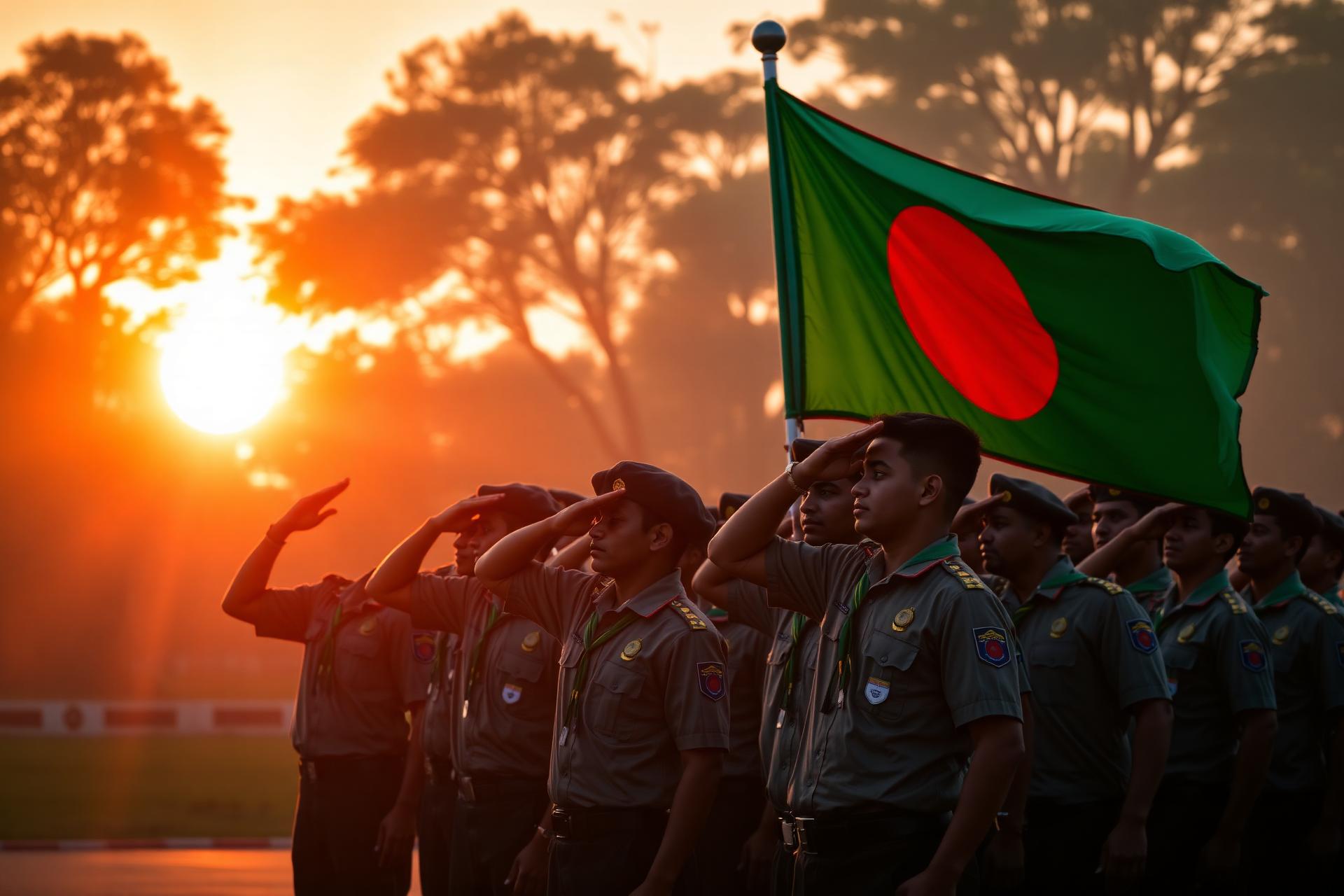 Bangladeshi scouts saluting the national flag at sunrise
